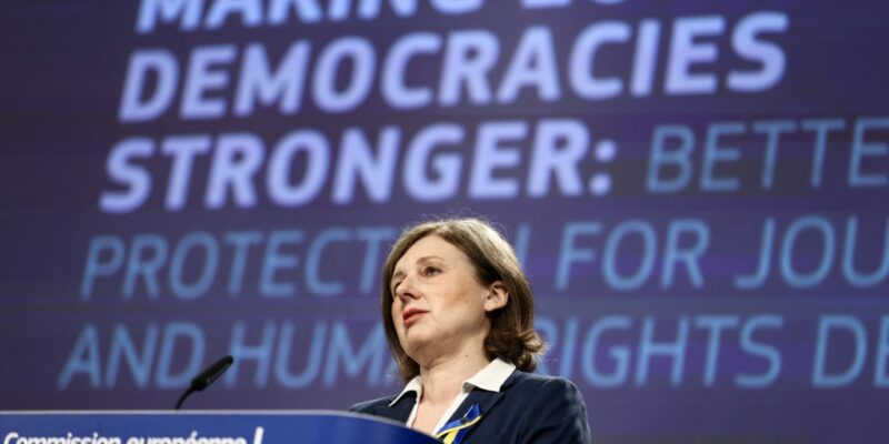 European Commission Vice-President in charge of Values and Transparency Vera Jourova gives a press conference on the protection of journalists and human right defenders against abusive litigation at the EU headquarters in Brussels on April 27, 2022. (Photo by Kenzo TRIBOUILLARD / AFP)