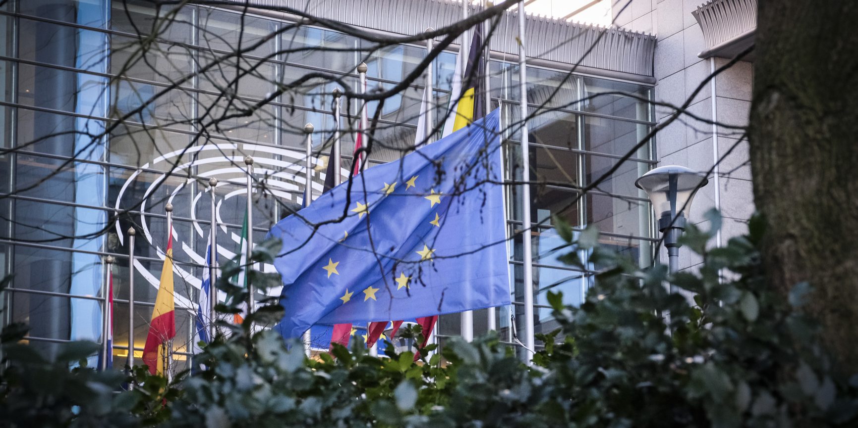 EU and French flags at half-mast at the European Parliament in Brussels as a tribute to the victims of the terrorist attack in Strasbourg of 11/12/2018